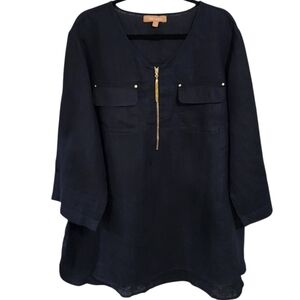 Ellen Tracy Top 2X Navy Linen 3/4 Roll Tab Sleeve Sustainable Breathable Coastal